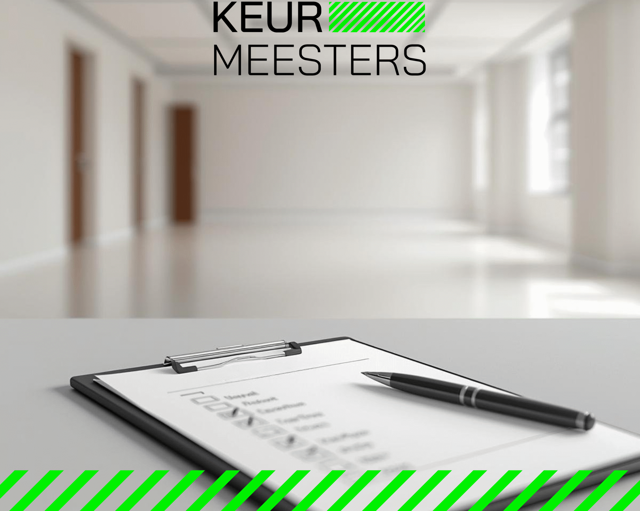 Visual van Keurmeesters met een leeg interieur op de achtergrond en een checklist op een clipboard op de voorgrond, gebruikt voor de blog over plaatsbeschrijvingen bij verhuur.