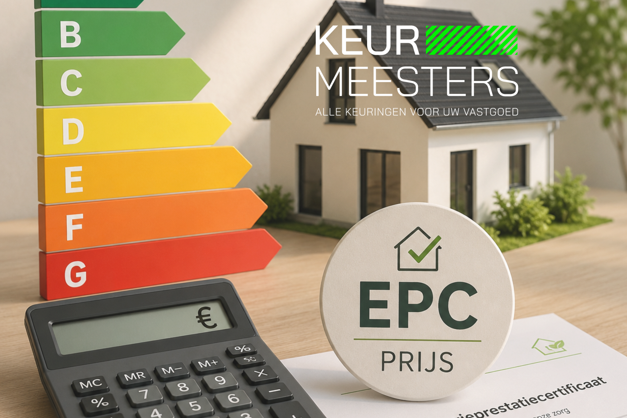EPC-certificaat met energielabels A tot G, rekenmachine en woning als illustratie van de prijs van een EPC-keuring in Vlaanderen.