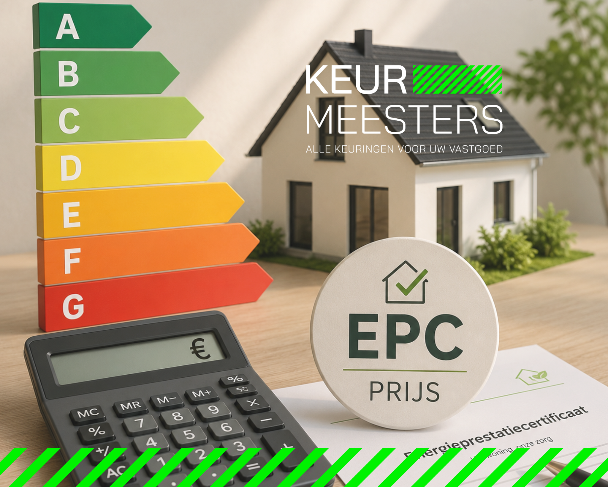 EPC-certificaat met energielabels A tot G, rekenmachine en woning als illustratie van de prijs van een EPC-keuring in Vlaanderen.