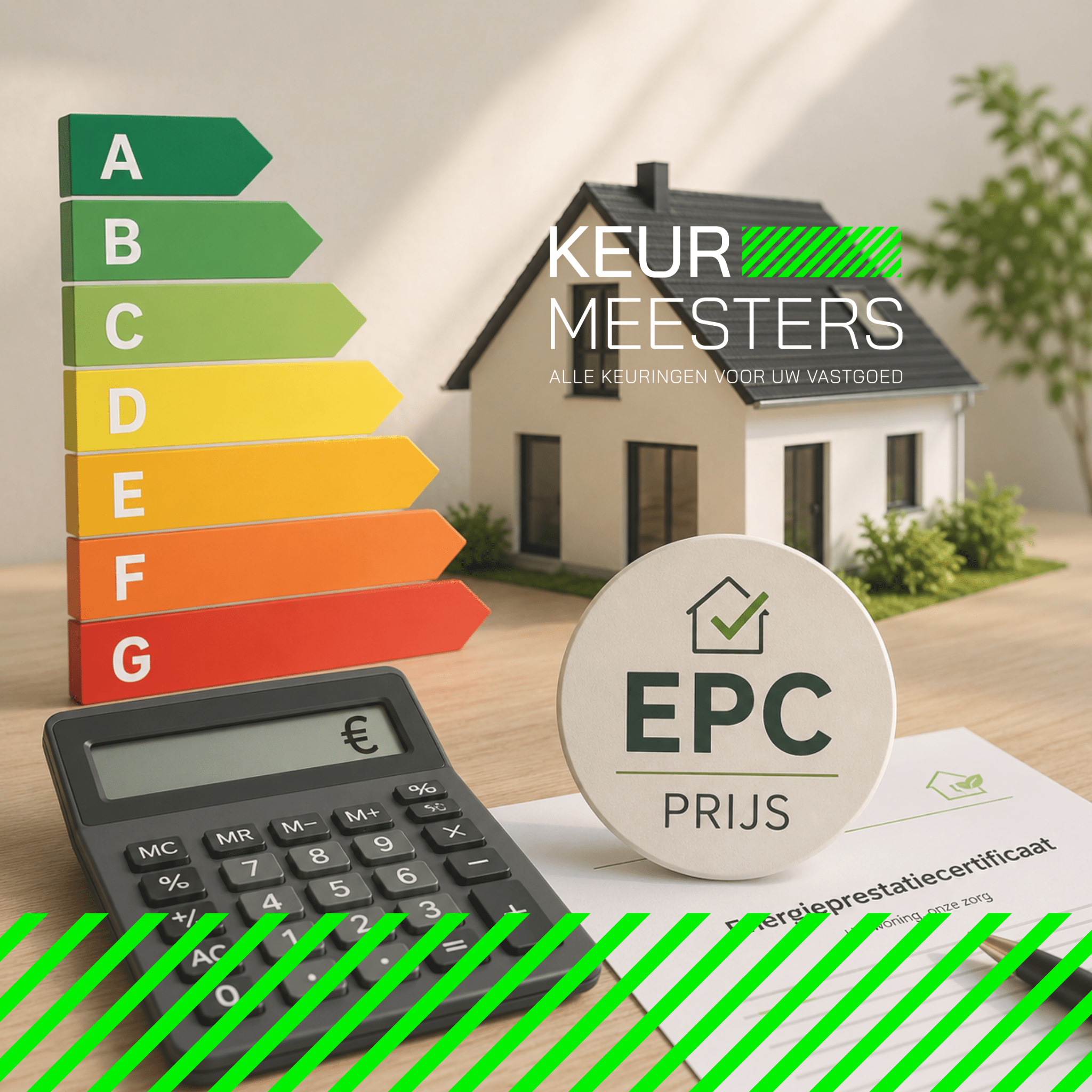 EPC-certificaat met energielabels A tot G, rekenmachine en woning als illustratie van de prijs van een EPC-keuring in Vlaanderen.