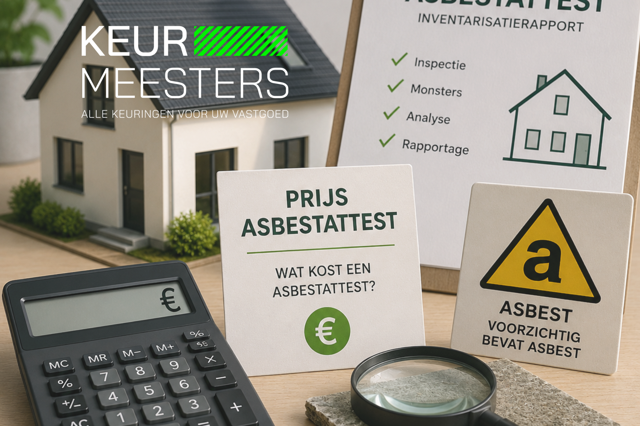 Asbestattest met woning, waarschuwingssymbool voor asbest, inspectiedocument en rekenmachine als illustratie van de prijs van een asbestattest in Vlaanderen.
