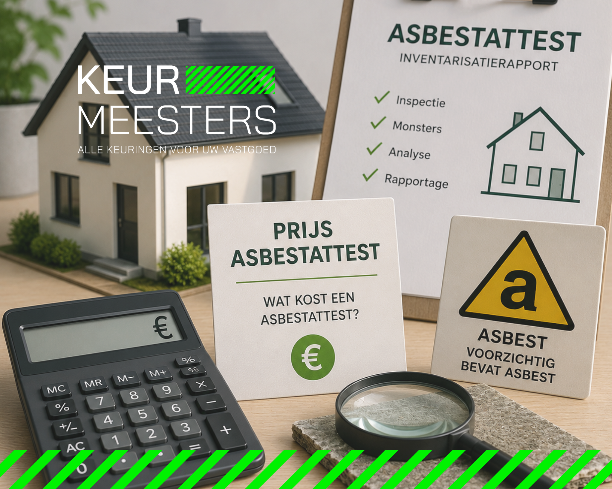 Asbestattest met woning, waarschuwingssymbool voor asbest, inspectiedocument en rekenmachine als illustratie van de prijs van een asbestattest in Vlaanderen.