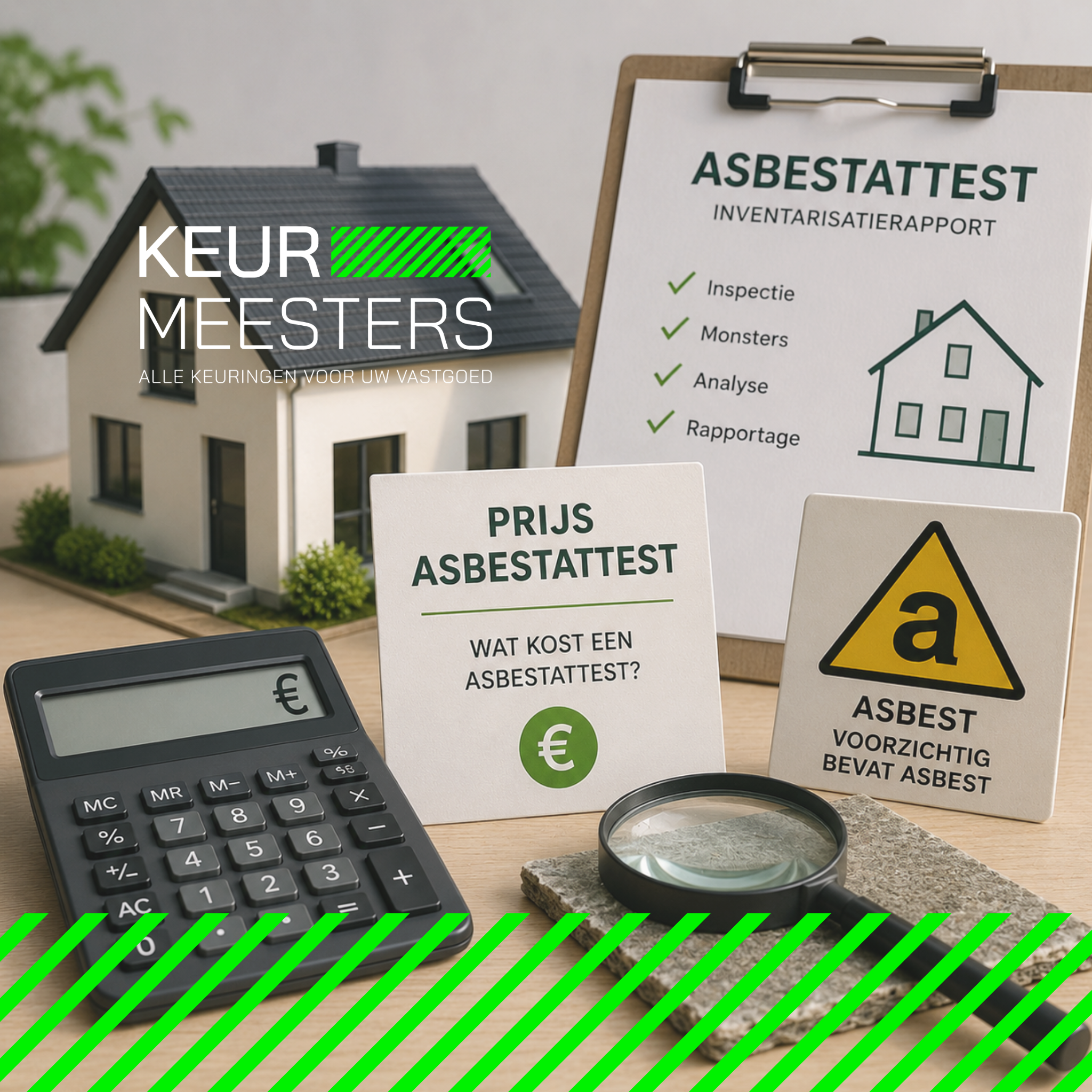 Asbestattest met woning, waarschuwingssymbool voor asbest, inspectiedocument en rekenmachine als illustratie van de prijs van een asbestattest in Vlaanderen.