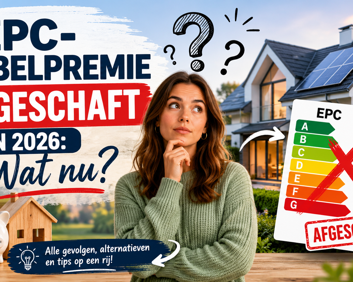 Moderne woning met EPC-label, kalender 2026 en vraagteken als illustratie bij de afschaffing van de EPC-labelpremie in Vlaanderen.