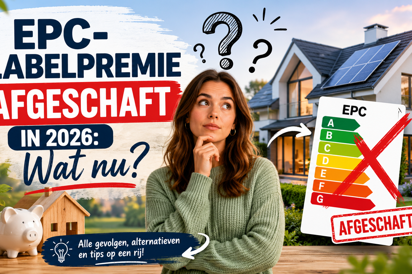 Moderne woning met EPC-label, kalender 2026 en vraagteken als illustratie bij de afschaffing van de EPC-labelpremie in Vlaanderen.