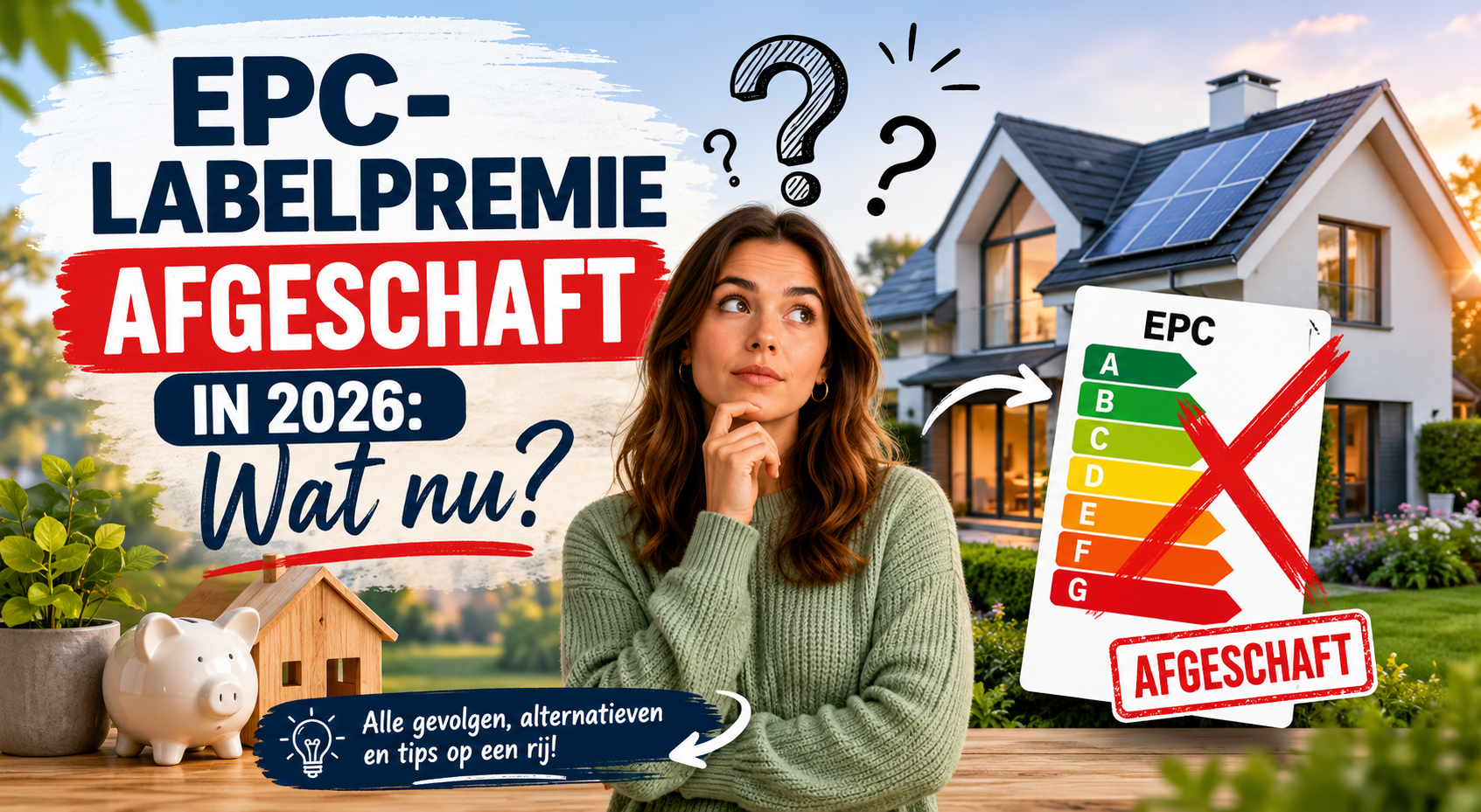 Moderne woning met EPC-label, kalender 2026 en vraagteken als illustratie bij de afschaffing van de EPC-labelpremie in Vlaanderen.